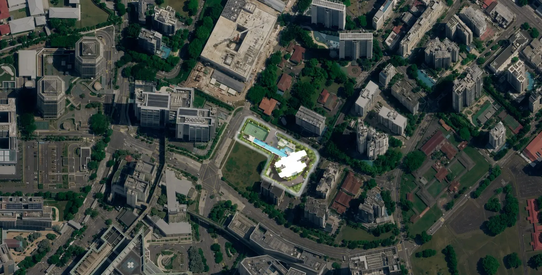 Aerial view of The Serra Residences within the surrounding Novena neighbourhood