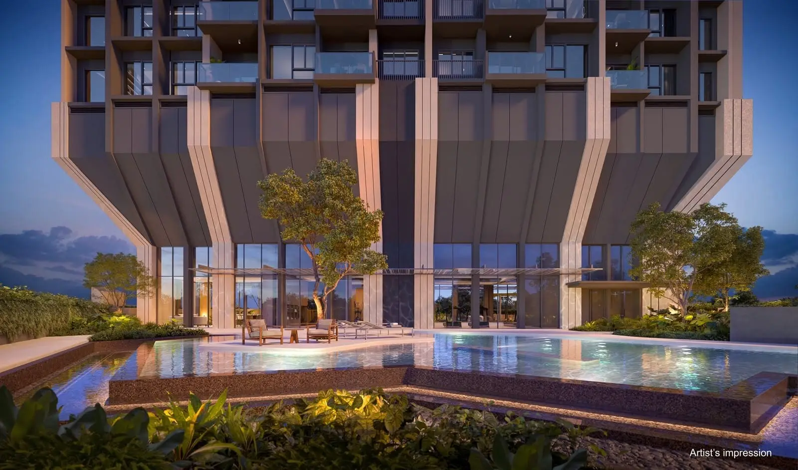 The Serra Residences facade and pool deck at dusk