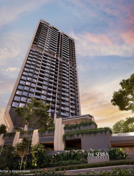 The Serra Residences tower and pool deck at dusk, artist's impression