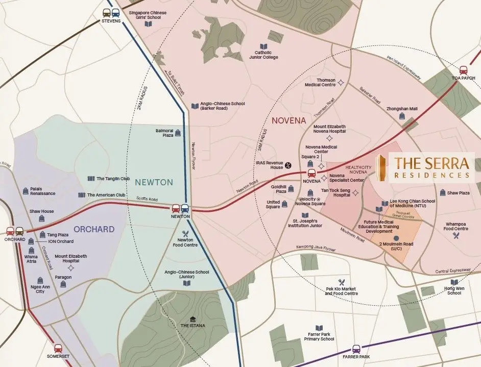 Map of The Serra Residences within the Novena district, showing MRT stations, schools and amenities