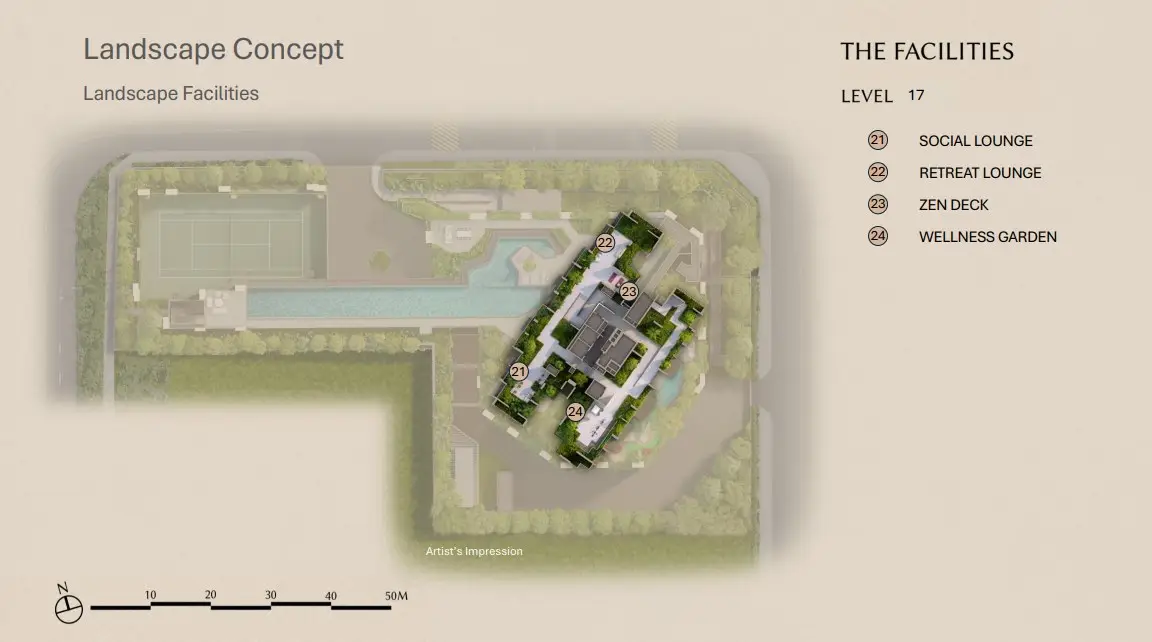 Site plan of level 17 sky terrace, showing social lounge, retreat lounge, zen deck and wellness garden
